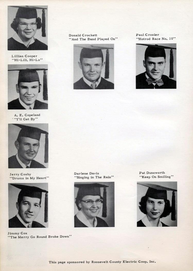 lillian cooper hi-lili, Hi-lo donald crockett and the band played on paul crozier hotrod race no. 10 A. E copeland I'll get by jerry cosby drums in my heart darlene davys singing in the rain pat dunsworth keep on smiling jimmy cox tne merry go round broke down roosevelt county electric coop. inc.