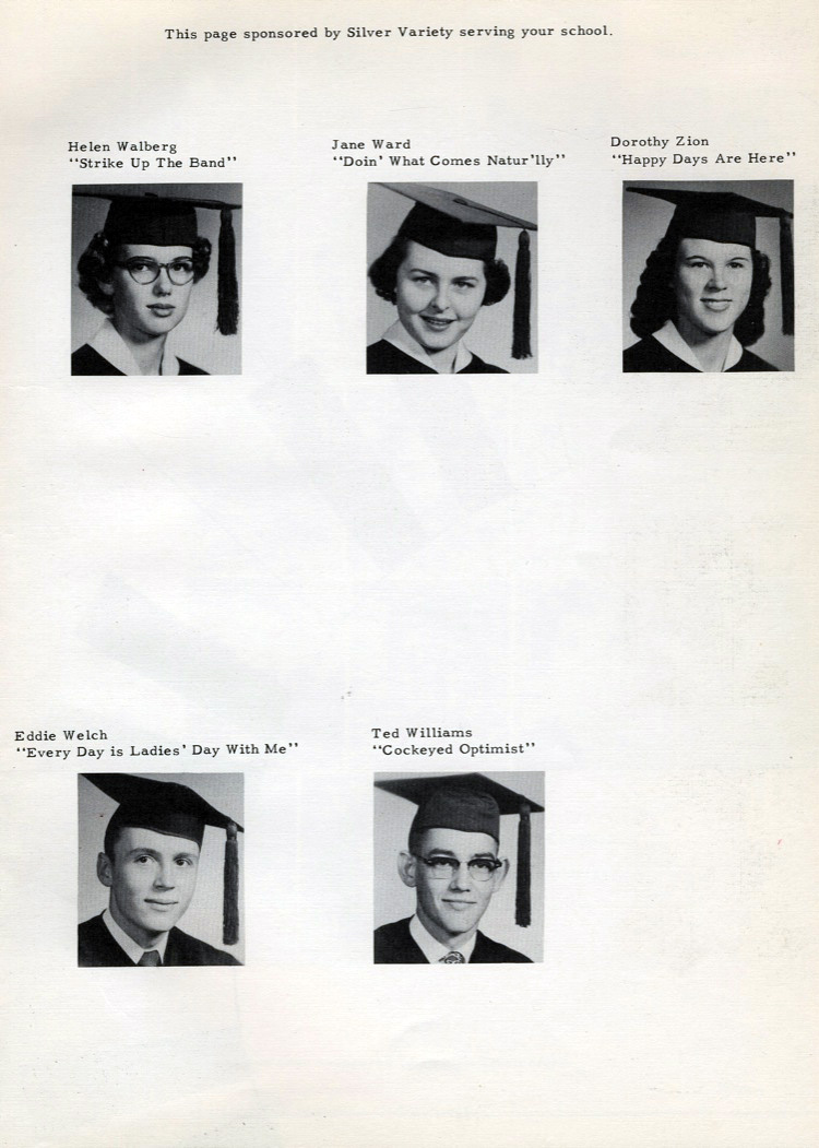 silver variety serving our school elene walberg strike up the band jane ward doin' what comes natur'lly dorthy dion happy days are here eddie welch every day is ladies' with me ted williams cockeyed optimist charles smith long distance love portales high school seniors class of 1955 portales high school portales new mexico nm