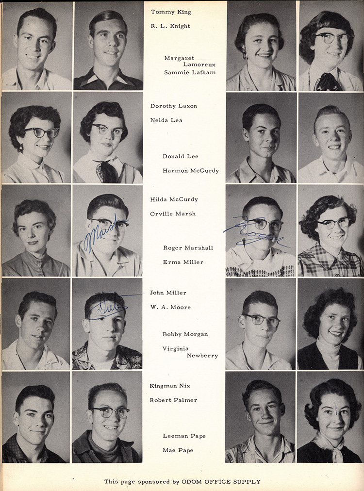 <tommy king r. .l knight margaret lamoreux sammie latham dorthy laxon nelda lee daonald lee harmon mccurdy hilda mccurdy orville marsh roger marshall erma miller john miller w. a. moore bobby morgan virginia newberry kingman nix robert palmer leeman pape mae pape odom office supply>