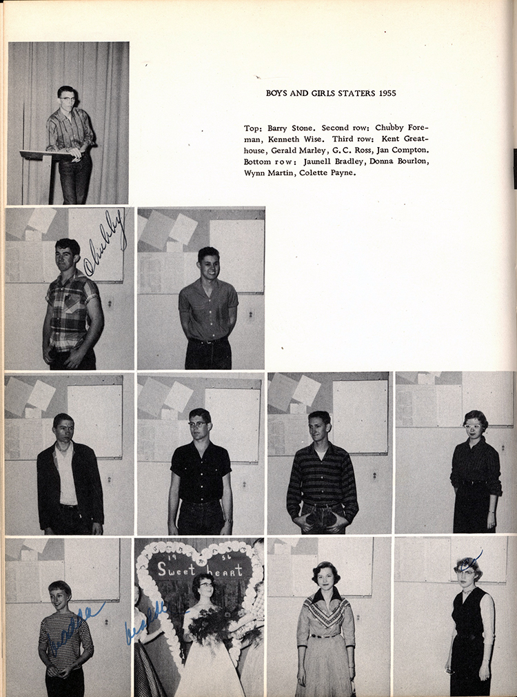 <boys and girls staters 1955 barry stone chubby foreman kenneth wise kent greathouse gerald marley G. C. Ross Jan compton jaunell Bradley donna bourlon wynn martin colette payne>