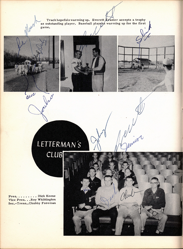 <letterman's club president Dick Keen. Vice president Roy Whittington Secre Treas Chubby Foreman>