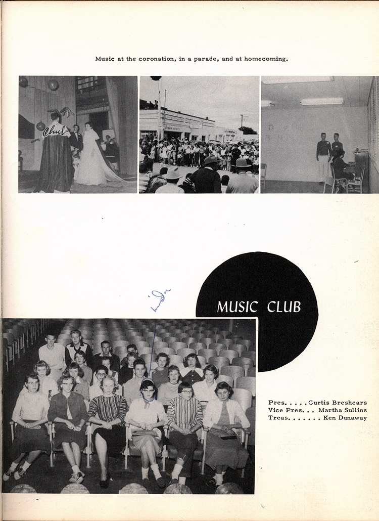 <music club president chrtis greshears Vice president Martha sullins Treas Ken Dunaway>