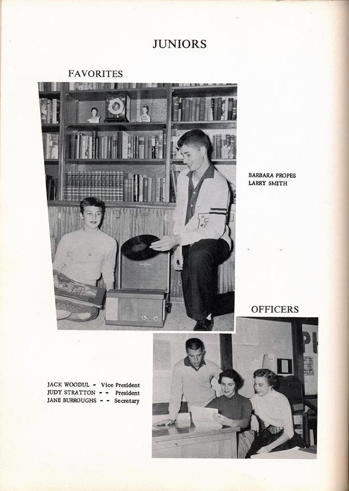 <Juniors Favorites Barbara Propes Larry Smith Officers Jack Woodul Vice President Judy Stratton President Jane Burroughs Secretary Sandra Arnspiger Dorman Austin Melvita Baker Wilma Bales Kyle Bartee Sue Bethel Quincy Brannon Don Britt Janelle Brown Jenne Brown Jackie Bryant Jim Bullock Wanda Burnett Jane Burroughs Vanora Burrow Mary Cabeldue Melvin Campbell Kenneth Carley Olgaline Carrell Brenda Clark This Page Sponsored by Portales Hardware. >