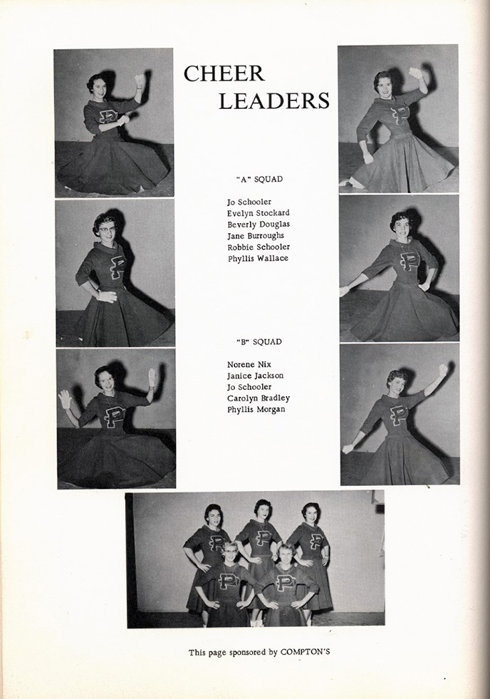 <cheerleaders A squad Jo Schooler Evelyn Stockard Beverly douglas Jane Burroughs Robbie Schooler Phyllis Wallace B squad Norene Nix Janice Jackson Jo schooler carolyn bradley phyllis morgan this page sponsored by compton's>