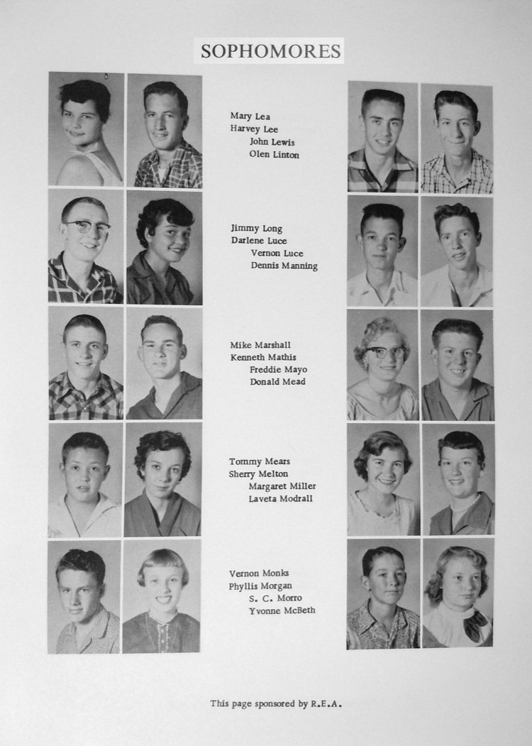 mary lea harvey lee john lewis olen linton jimmy long darlene luce vernon luce dennis manning mike marshall kenneth mathis rreddie mayo donald mead tommy mears sherry melton margaret miller maveta modrall vernon monks phullis morgan s. c. morro yvonne mcbeth this page sponsored by R. E. A. Leo mccollum